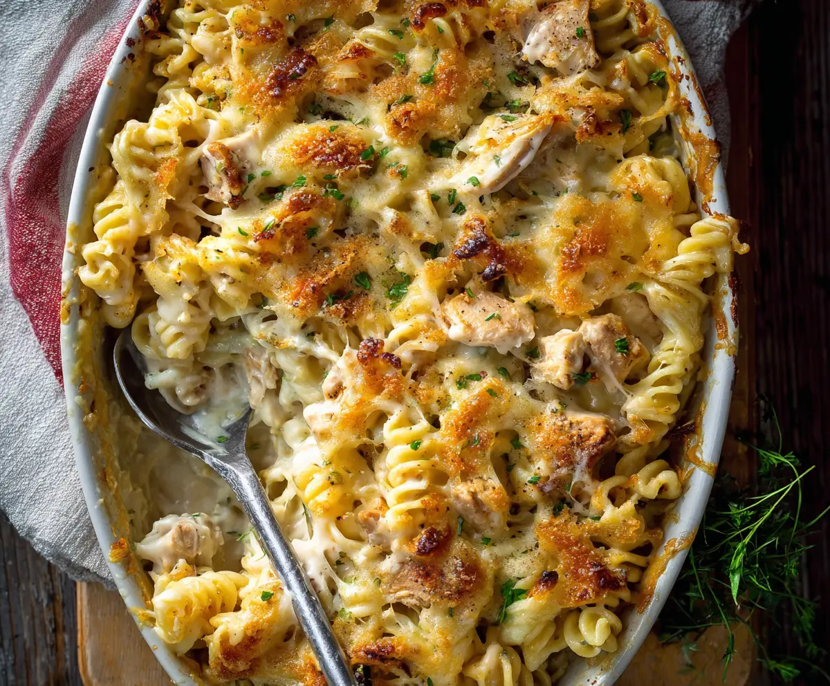 Creamy Chicken Alfredo Pasta Bake served in a baking dish with melted cheese and seasoned chicken.