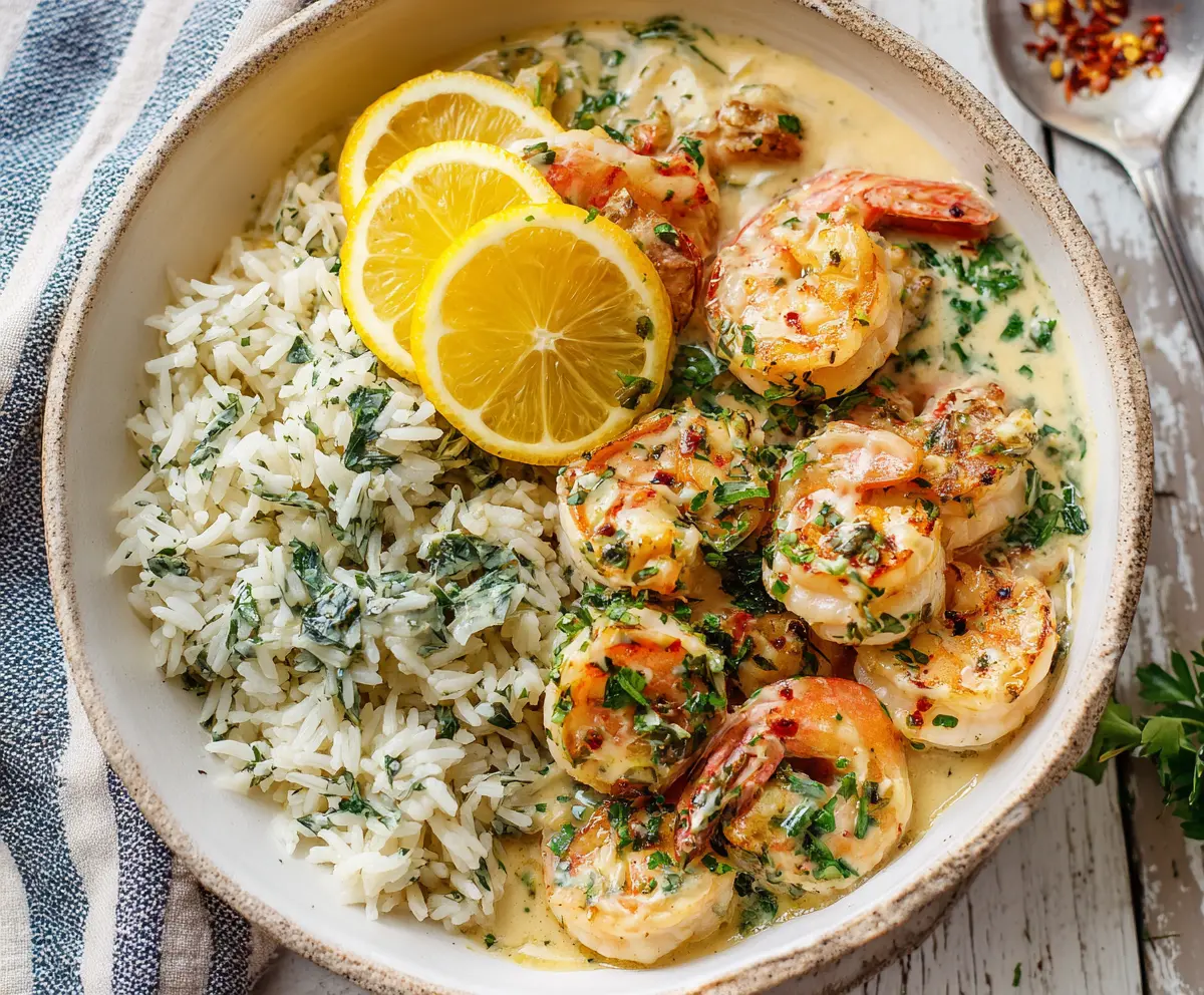 Creamy garlic butter shrimp served over herb rice in a beautiful bowl