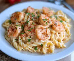 Creamy garlic Parmesan shrimp pasta served in a white bowl, garnished with parsley for a flavorful seafood dish.