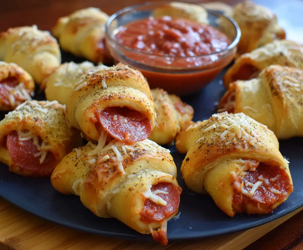 Close-up of golden Crescent Pizza Rolls filled with cheese and pepperoni, ready to serve as a savory snack.