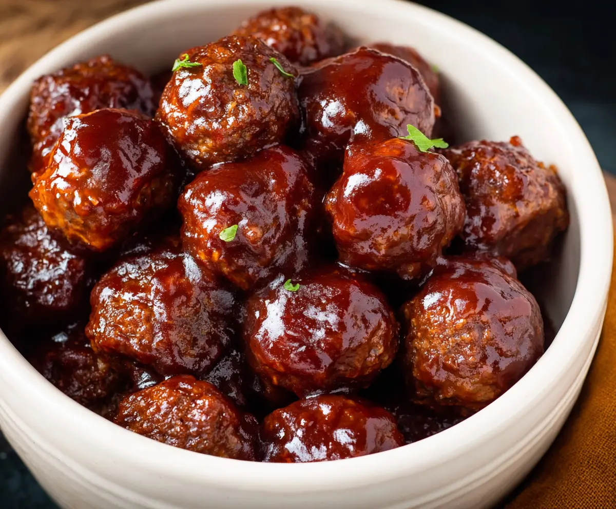 Delicious homemade crockpot meatballs glazed with smoky BBQ sauce on a serving platter.