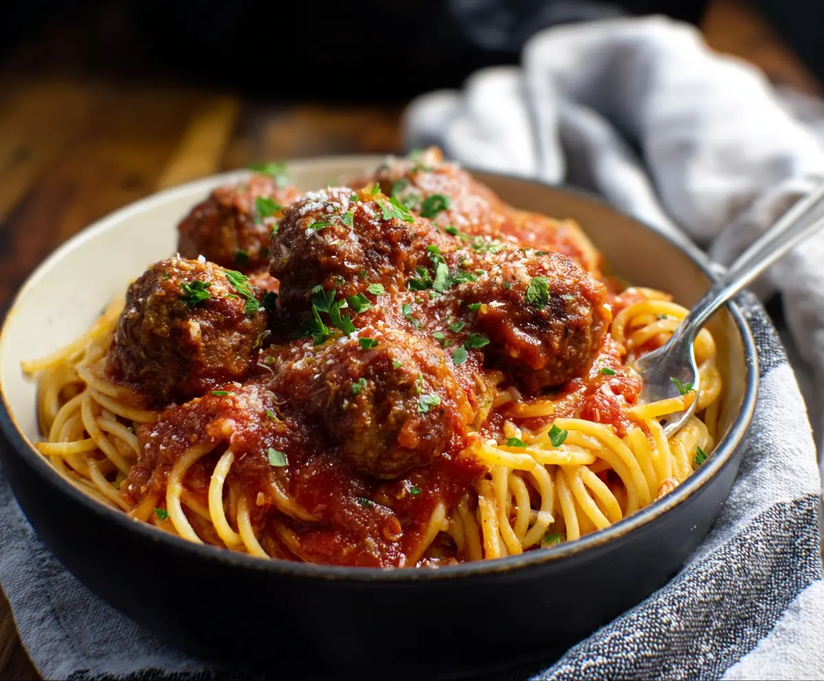 Delicious Crockpot Spaghetti and Meaty Meatballs served in a warm bowl