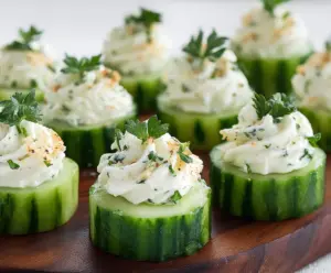 Delicious cucumber and cream cheese bites garnished with herbs, perfect for appetizers or snacks.