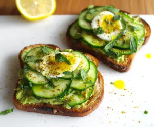 Delicious cucumber and avocado toast with fresh herbs on a rustic wooden plate