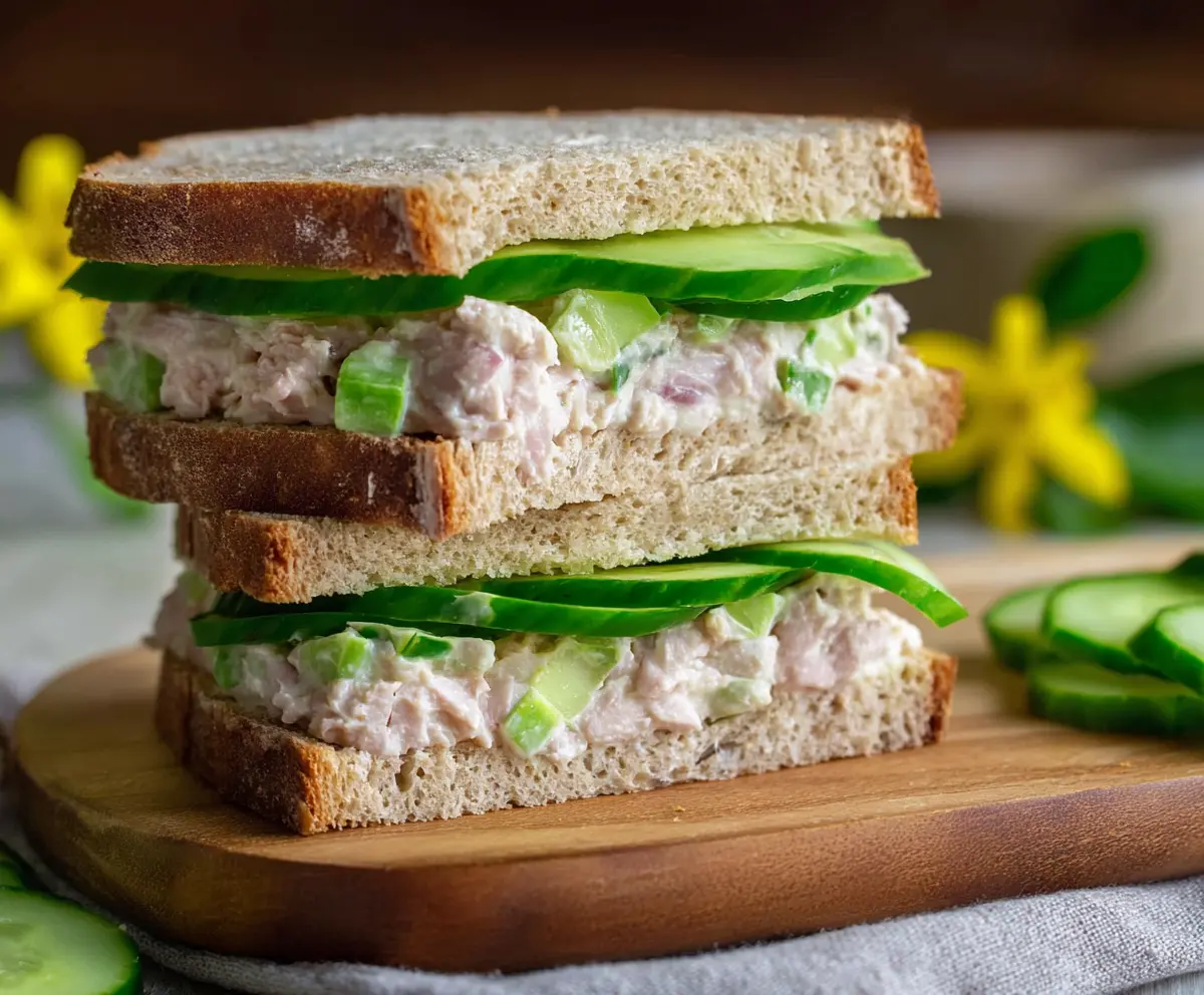 Fresh cucumber and tuna sandwich on whole grain bread, perfect for a healthy lunch.