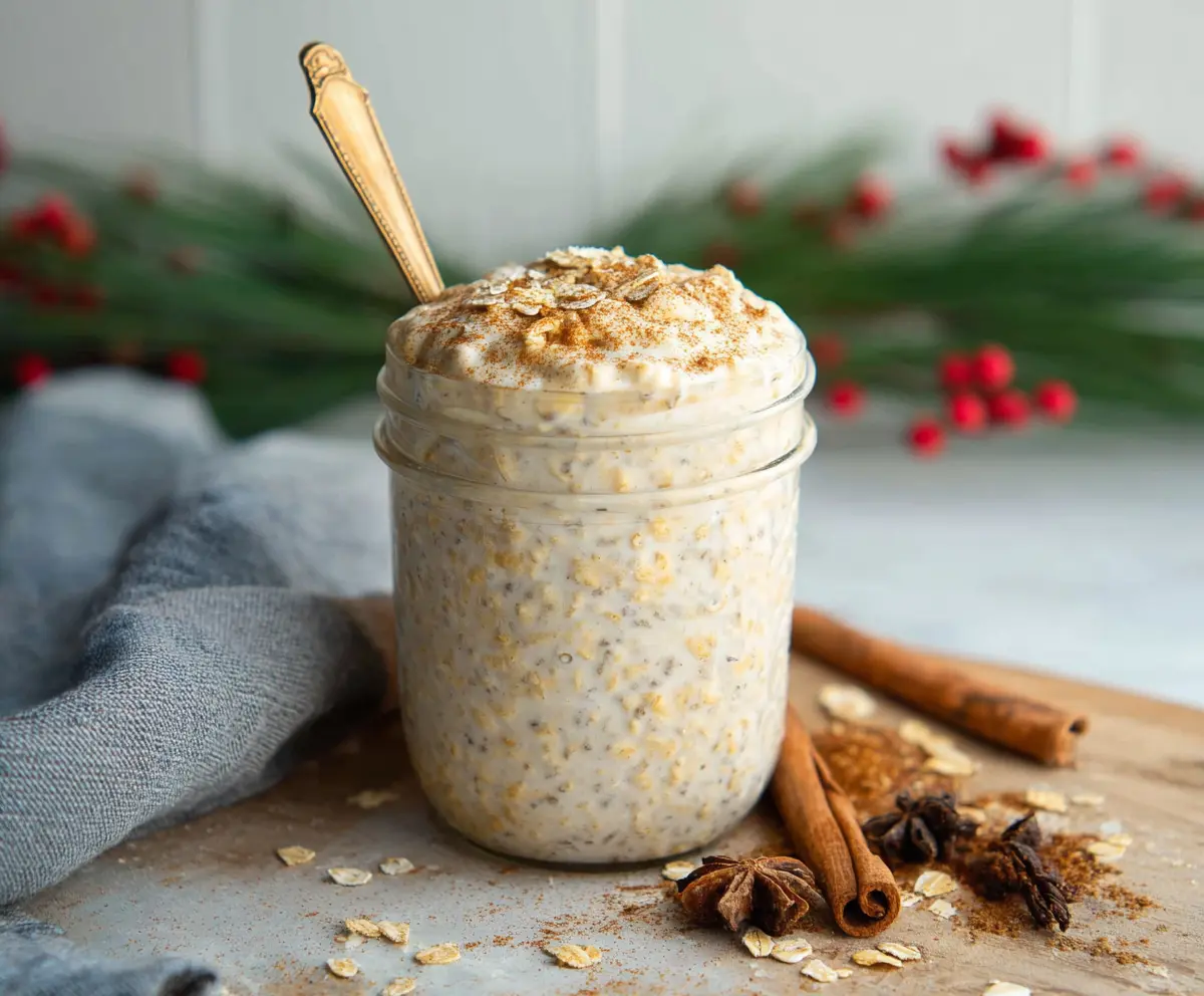 Creamy Eggnog Overnight Oats topped with nutmeg and cinnamon for a festive breakfast.