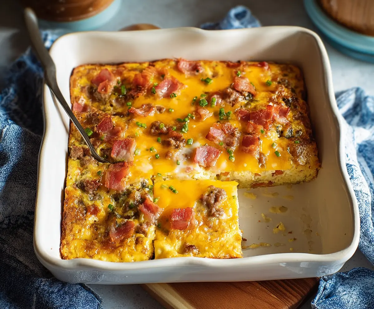 Hearty farmer's breakfast casserole with eggs, vegetables, and cheese in a baking dish.
