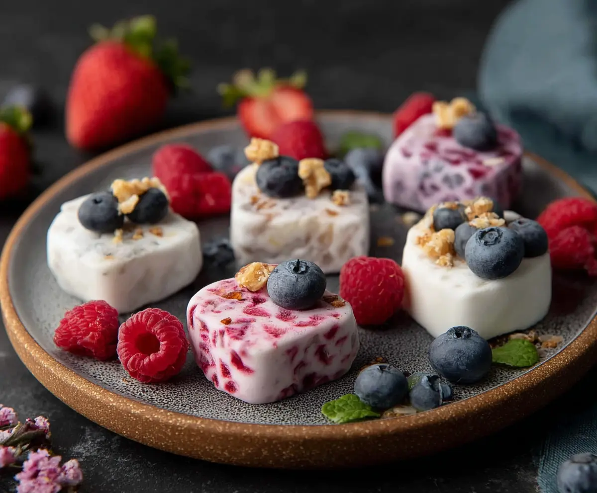 Delicious homemade Frozen Yogurt Bites on a white plate, perfect for a healthy snack.