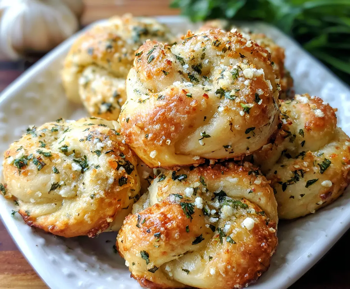 Freshly baked garlic Parmesan knots with golden crust and melted cheese, perfect for appetizers or snacks.
