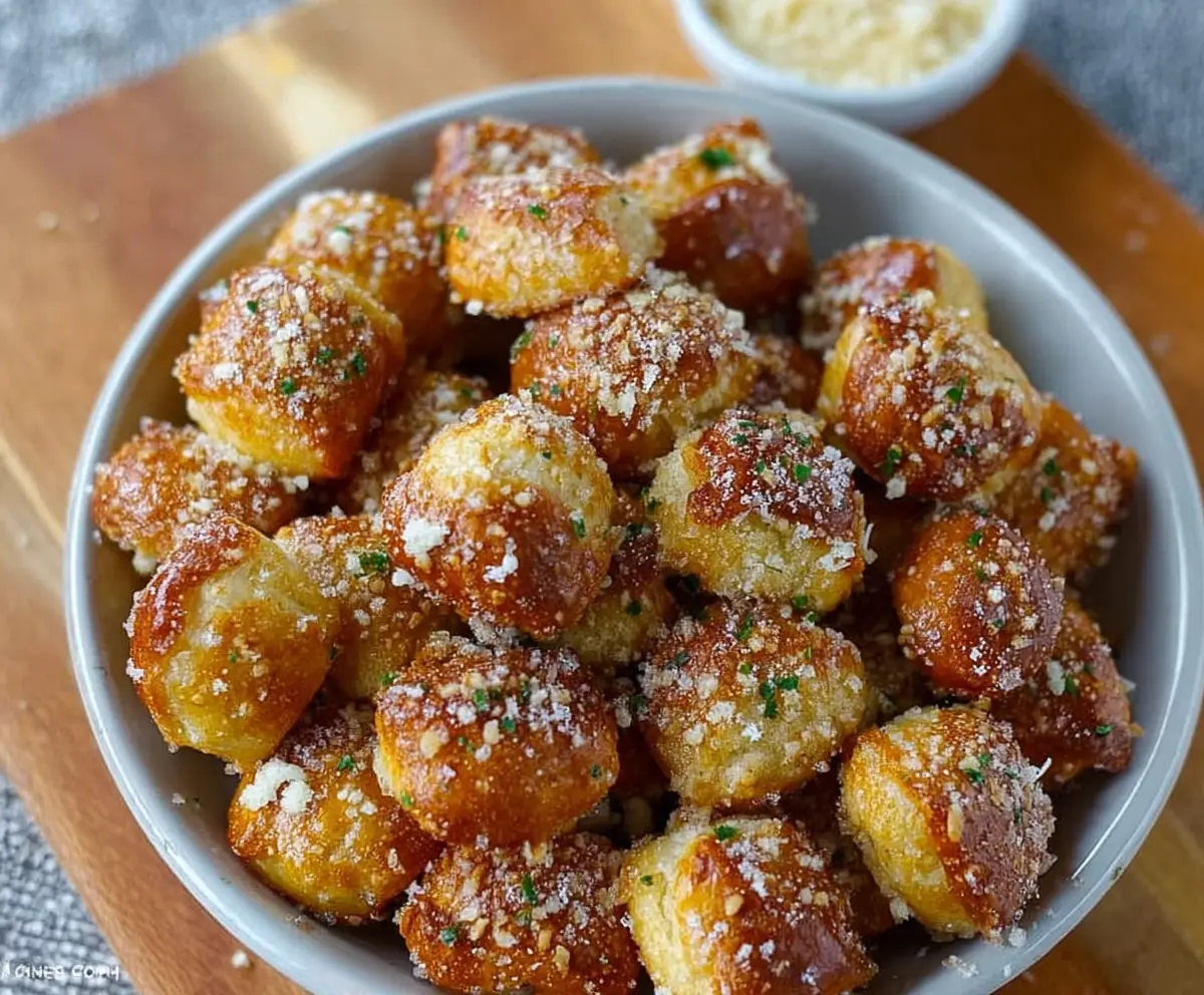 Golden garlic parmesan pretzel bites served with melted cheese dip.