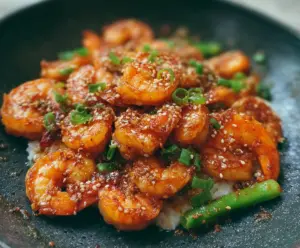 Delicious Ginger Honey Glazed Shrimp on a plate, garnished with fresh herbs, perfect for a flavorful seafood meal.