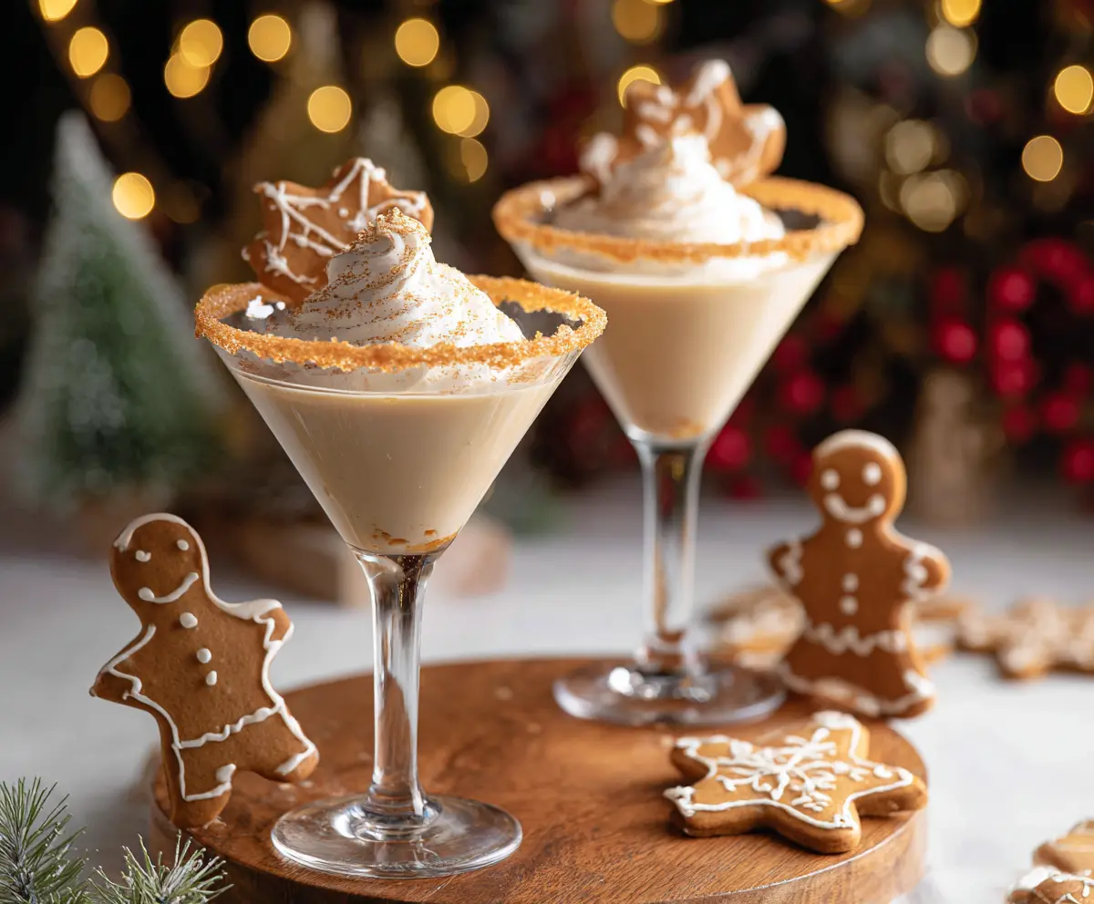 Decorative Gingerbread Martini cocktail garnished with a cinnamon stick and gingerbread cookie on a festive holiday table.