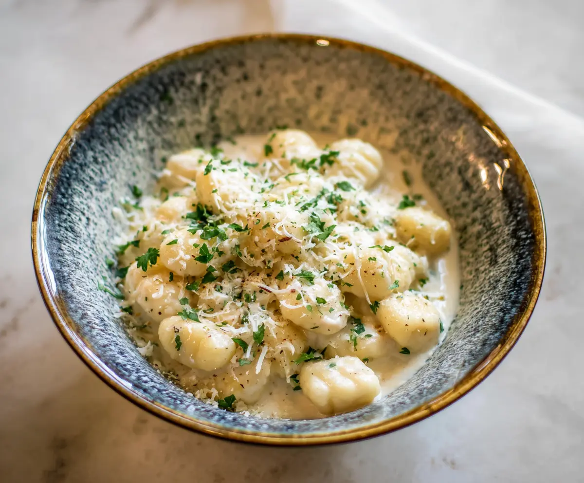 Creamy gnocchi Alfredo dish garnished with parsley on a white plate.