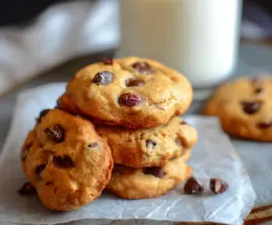 Healthy Greek Yogurt Protein Cookies with oats and chocolate chips on a baking sheet.