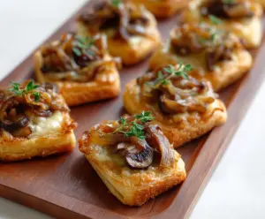 Delicious Gruyere mushroom and caramelized onion bites on a serving platter
