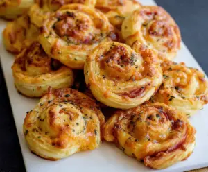 Delicious ham and cheese pinwheels fresh from the oven, perfect for appetizers or snacks.