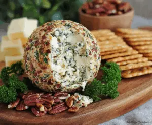 Herb and garlic cheese ball served on a platter, perfect for parties and gatherings.