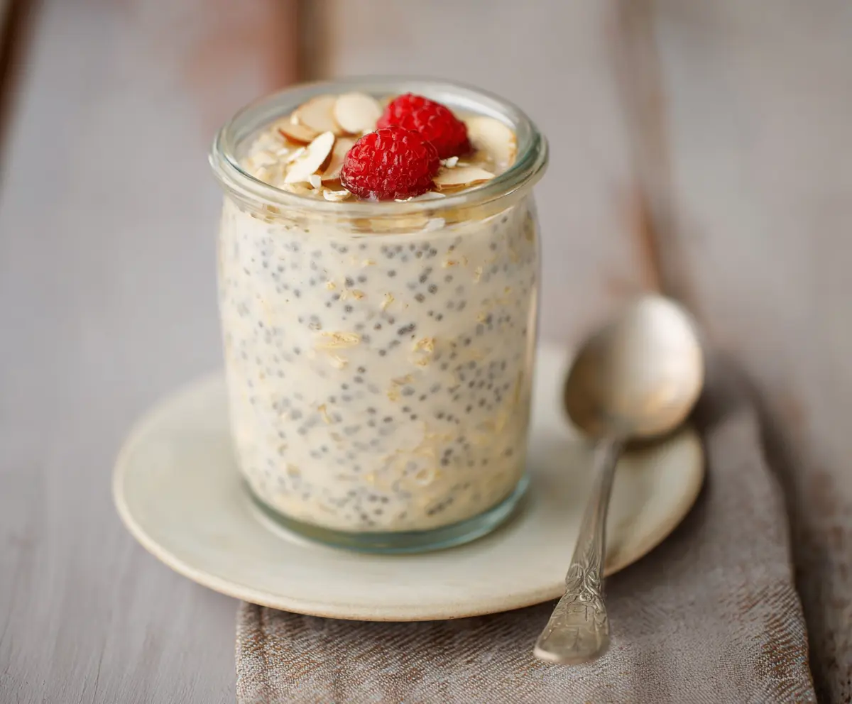 Creamy honey vanilla overnight oats in a glass jar with fresh berries on top, ideal for a healthy breakfast.