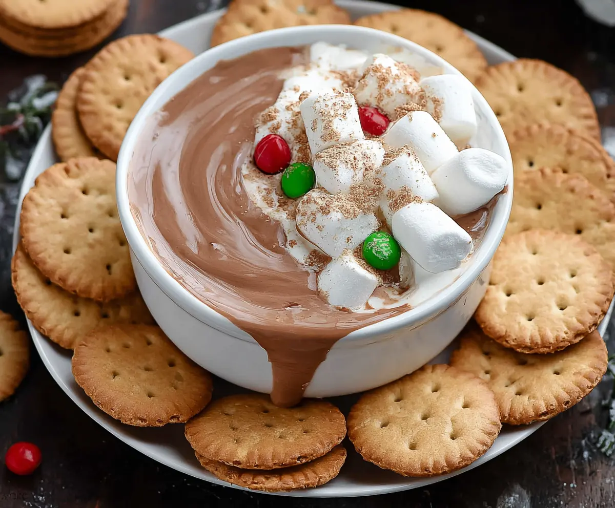 Creamy Hot Cocoa Dip served with marshmallows and cookies for a cozy dessert