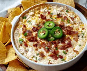 Creamy jalapeño popper dip garnished with chopped chives on a decorative platter.