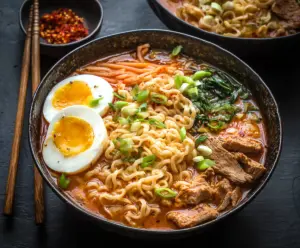 Delicious Korean ramen noodles served hot with savory broth, vegetables, and garnishes.