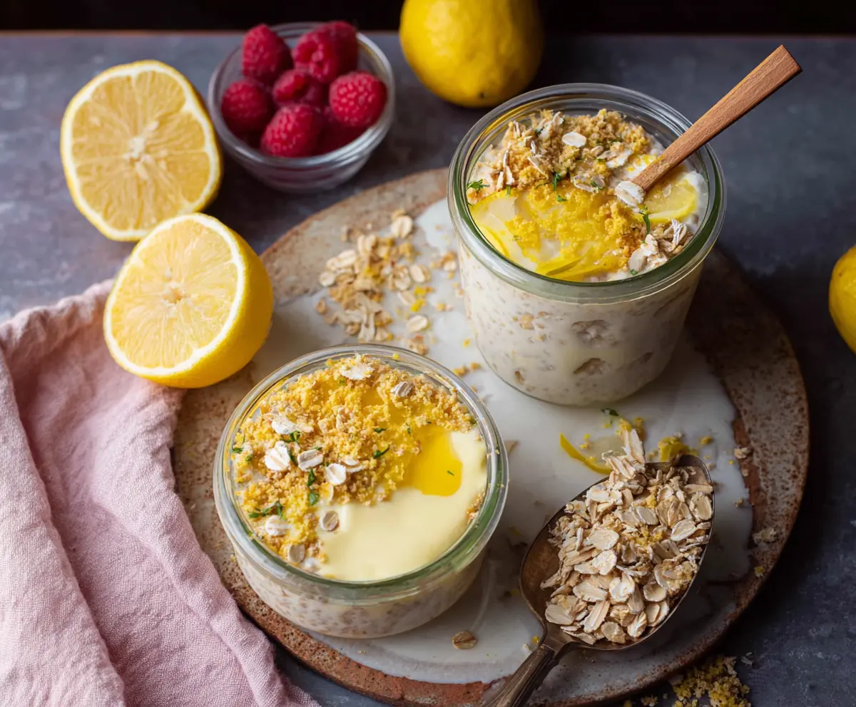Creamy Lemon Cheesecake Overnight Oats in a glass jar, topped with lemon zest and fresh berries for a refreshing breakfast.