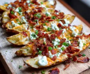 Crave-worthy loaded baked potato wedges topped with cheese, bacon bits, and chives on a rustic wooden table.