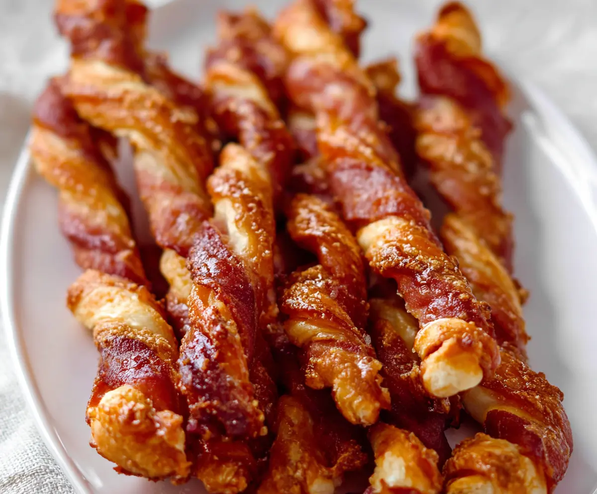 Delicious Maple Bacon Twists with crispy bacon and sweet maple glaze on a parchment paper-lined baking tray.