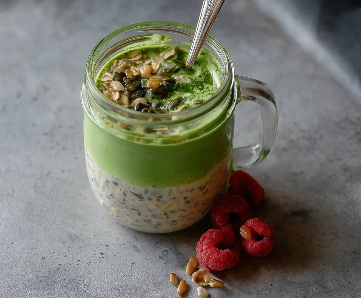 Creamy Matcha Latte Overnight Oats in a glass jar with green tea flavor and oats for a healthy breakfast