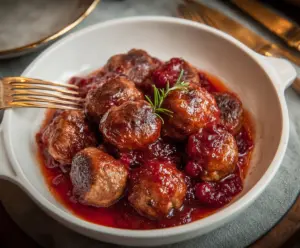 Juicy homemade meatballs served in a sweet and tangy cranberry sauce, perfect for holiday appetizers.