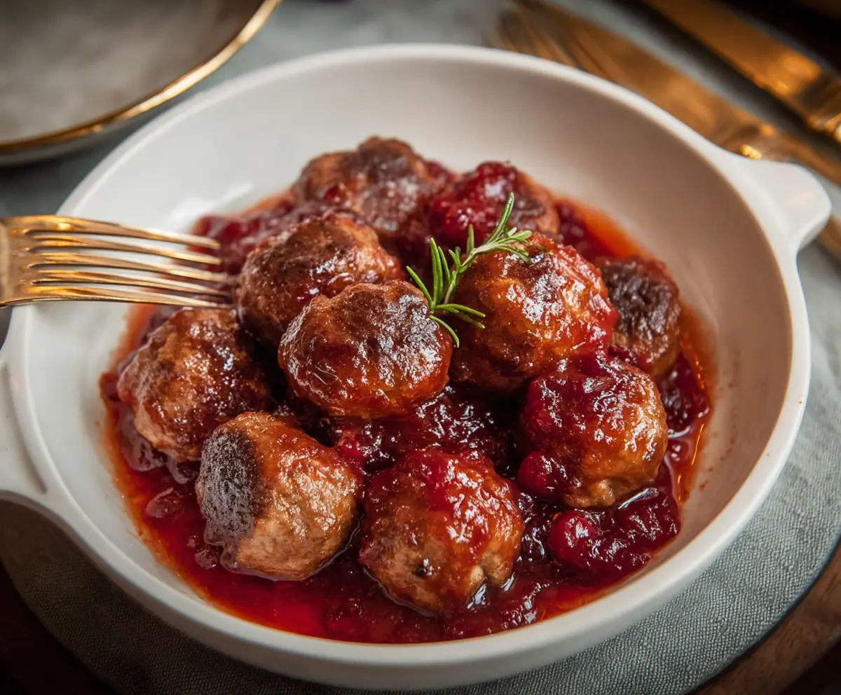 Juicy homemade meatballs served in a sweet and tangy cranberry sauce, perfect for holiday appetizers.