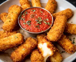 Crispy mozzarella sticks with golden breading served with marinara sauce