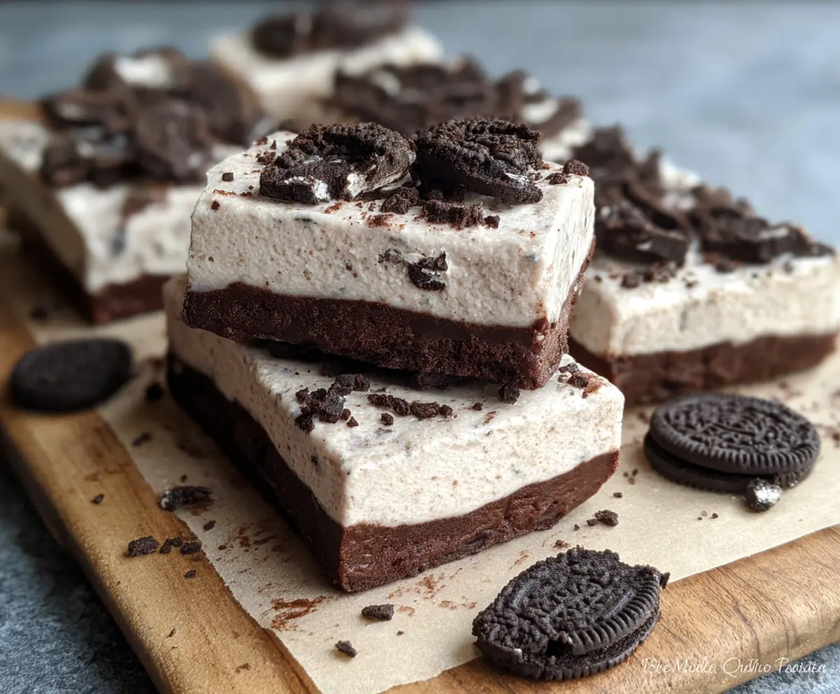 No Bake Oreo Protein Bars on a plate with crunchy texture and creamy topping