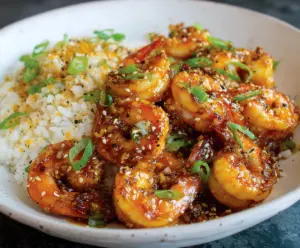 Juicy orange honey garlic shrimp served on a plate, garnished with fresh herbs for a flavorful seafood dish.