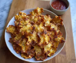 Delicious oven baked cheesy pasta chips served on a plate, crispy and golden brown.