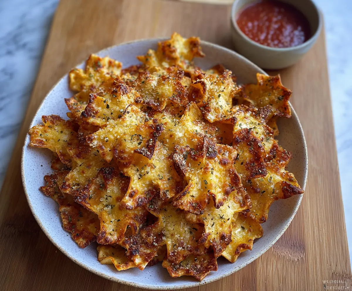 Delicious oven baked cheesy pasta chips served on a plate, crispy and golden brown.