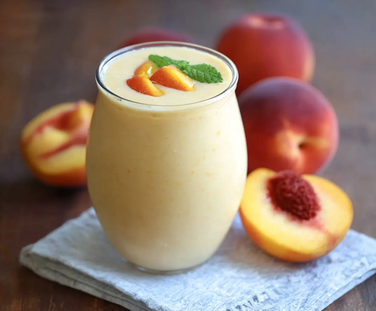 Refreshing Peach Protein Smoothie in a glass with fresh peach slices and a straw, perfect for a healthy breakfast.