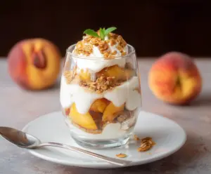 Delicious Peach Yogurt Parfait with fresh slices and honey drizzle in a glass cup.