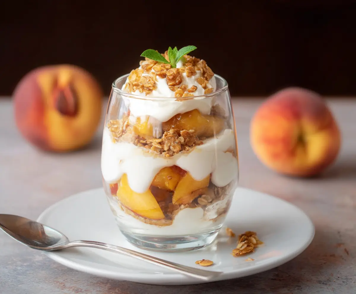 Delicious Peach Yogurt Parfait with fresh slices and honey drizzle in a glass cup.
