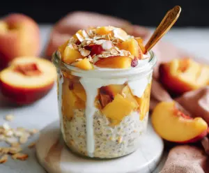 Creamy peaches and oats in a bowl for overnight oats recipe