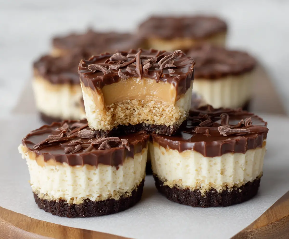 Delicious peanut butter cheesecake bites served on a white plate, garnished with chocolate drizzle and crushed peanuts.
