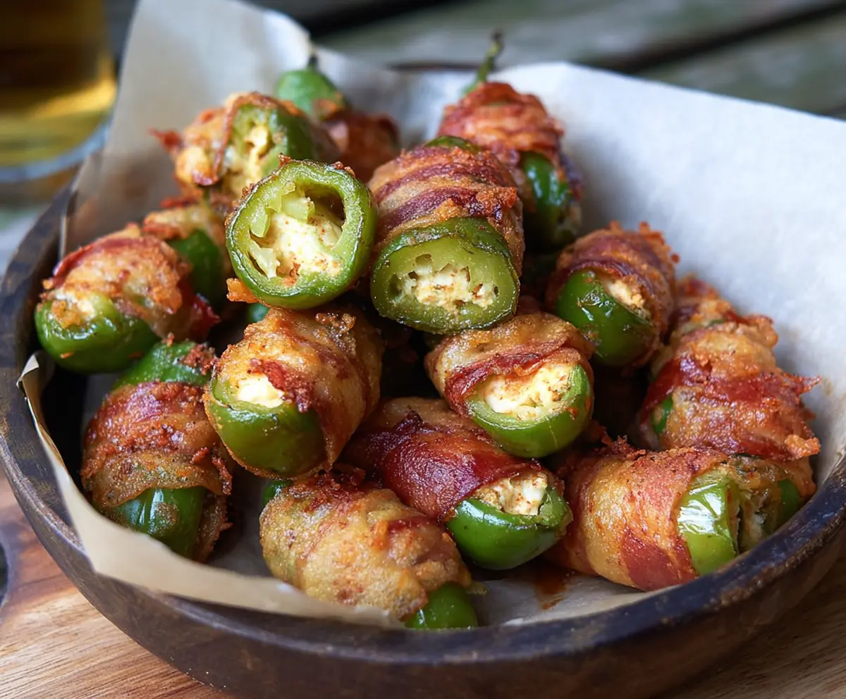 Delicious pickle poppers with melted cheese and crispy bacon, perfect for party appetizers.