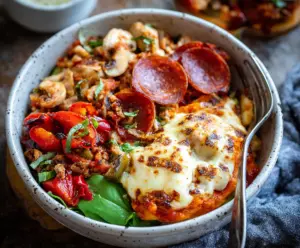 Delicious Pizza Protein Bowl featuring healthy ingredients and a cheesy topping.