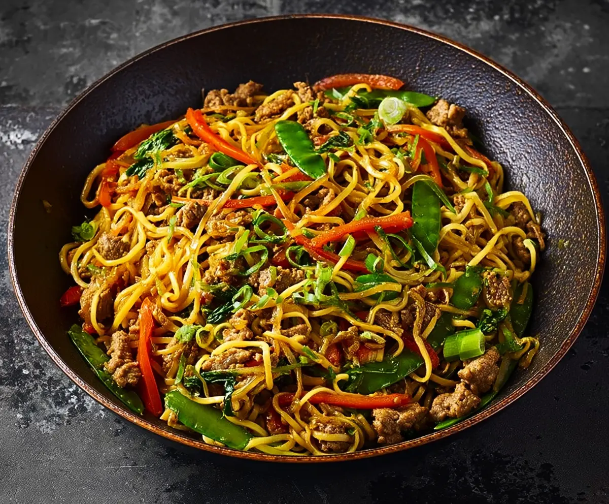 Delicious pork stir fry noodles with colorful vegetables and savory sauce on a plate.