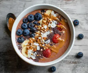Healthy protein smoothie bowl topped with fresh berries and granola for a nutritious breakfast