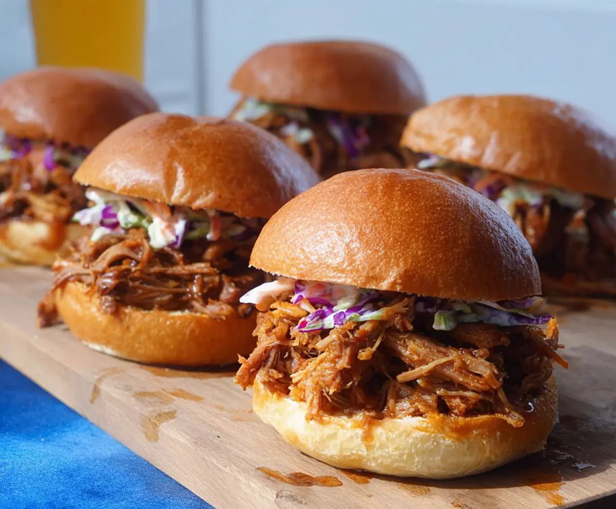 Delicious pulled pork sandwiches with coleslaw served on a toasted bun, perfect for a flavorful meal.