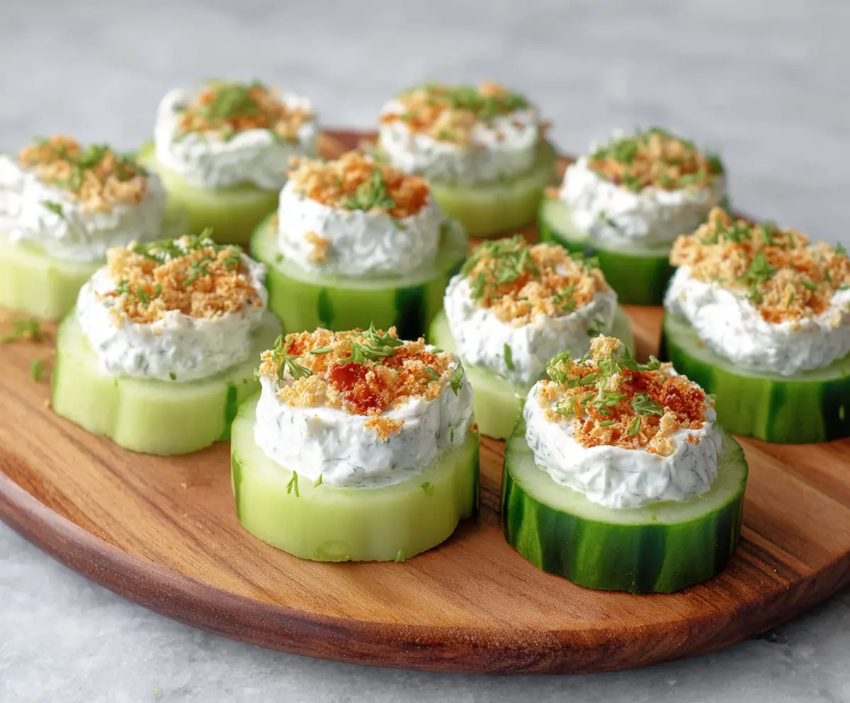Delicious Ranch Cucumber Bites appetizer with creamy ranch dressing and fresh cucumber slices.