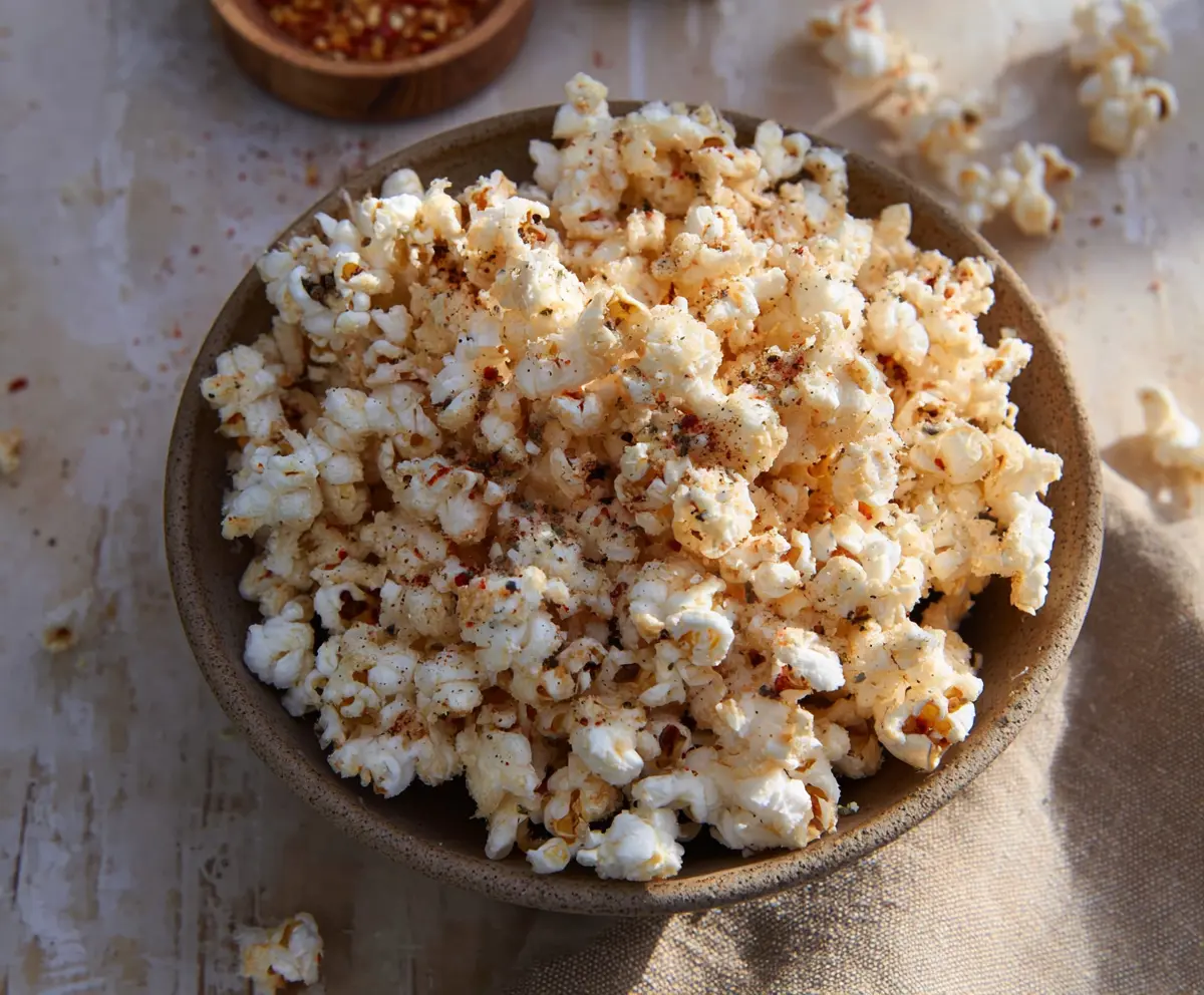 Delicious roasted garlic Parmesan popcorn in a bowl, perfect for snacking