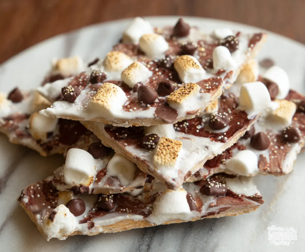 Delicious S'mores Yogurt Bark with chocolate, marshmallows, and graham crackers on a baking sheet.