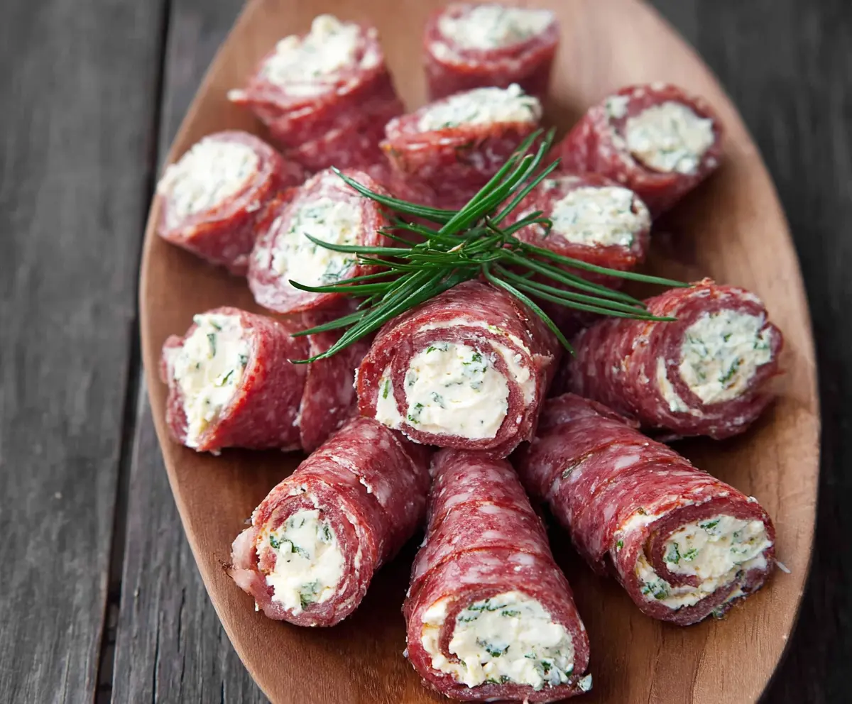 Salami and cream cheese roll-ups served as a delicious appetizer or snack.